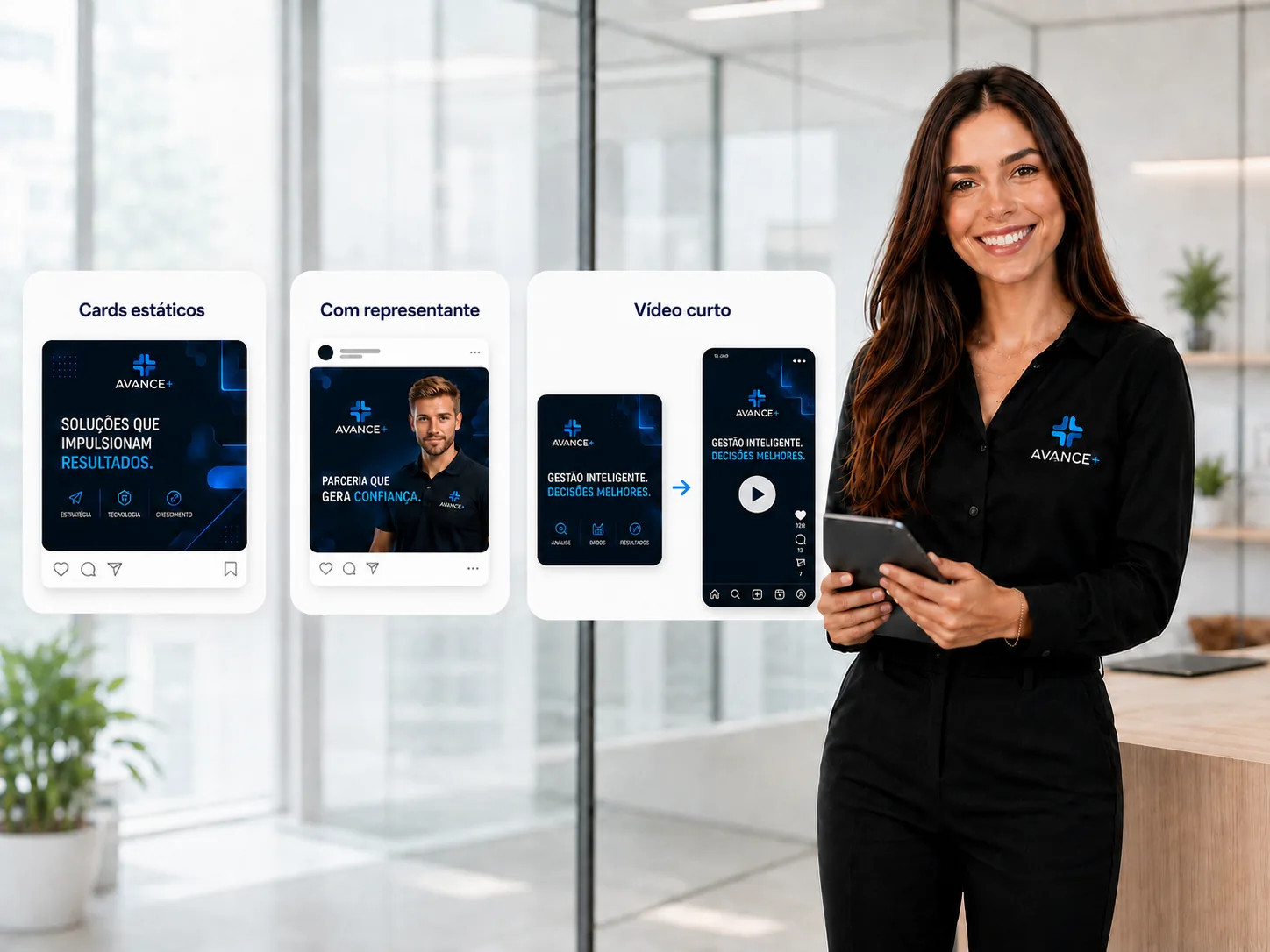 Representante da Avance+ apresentando exemplos de cards e vídeos curtos para redes sociais