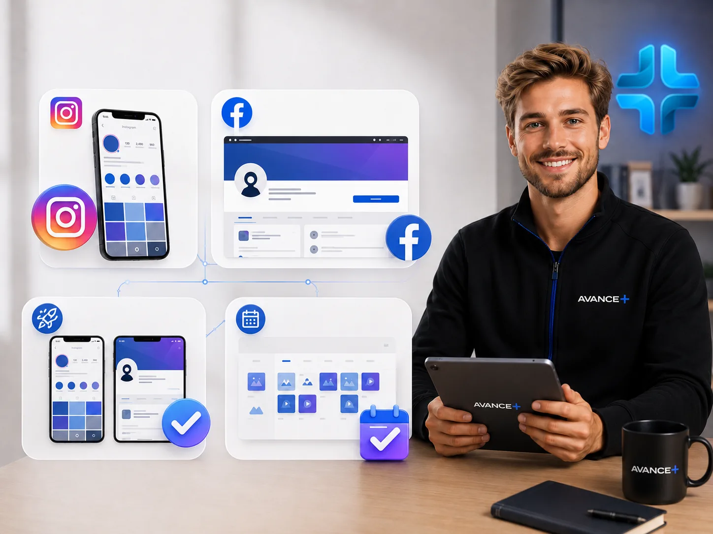 Profissional da Avance+ apresentando a organização de Instagram, Facebook, conteúdos e calendário