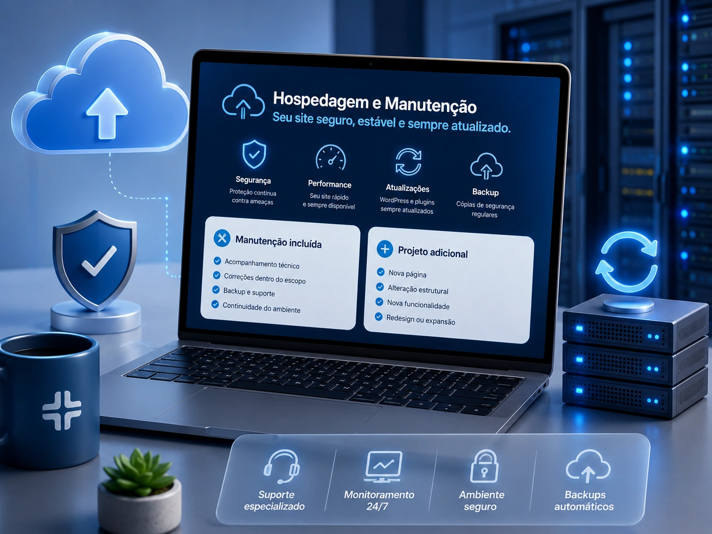 Painel de hospedagem e manutenção de website com indicadores de segurança, backup e disponibilidade
