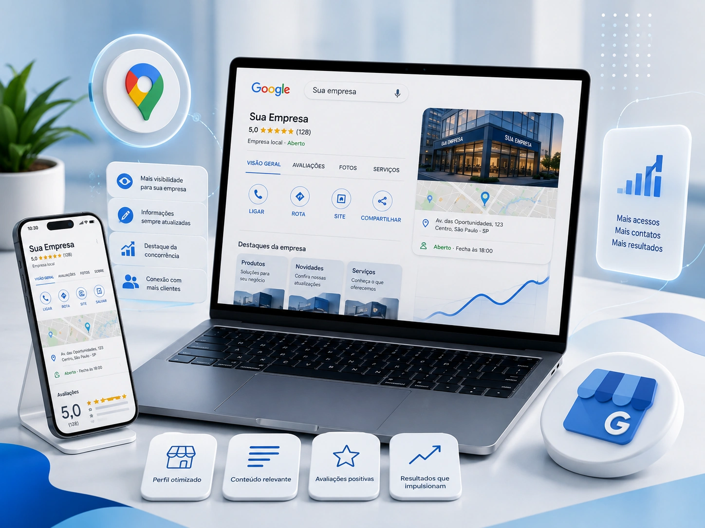 Representação de um Perfil da Empresa no Google com informações, localização e conteúdos organizados