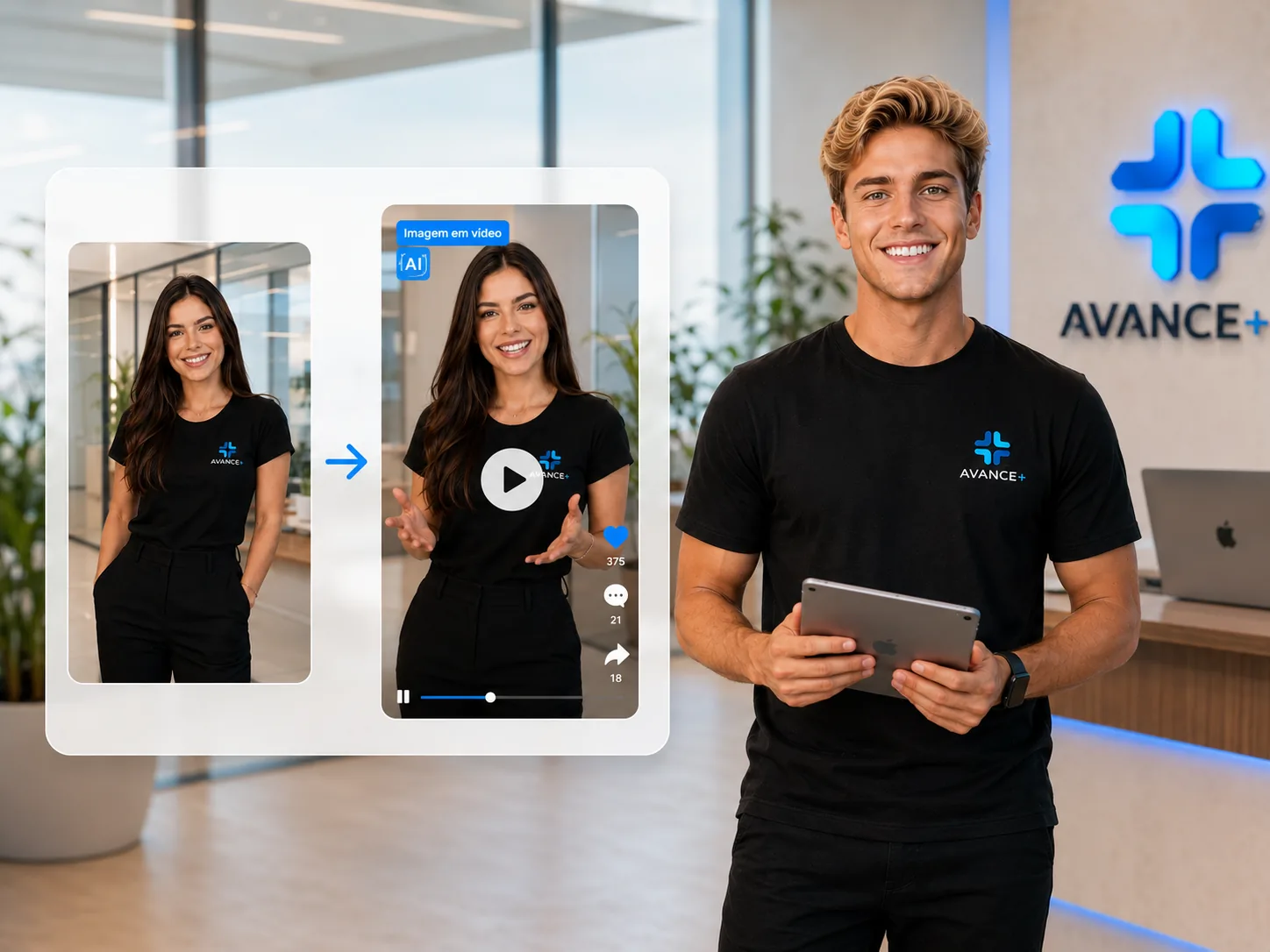 Representantes da Avance+ demonstrando a transformação de imagem em vídeo com inteligência artificial